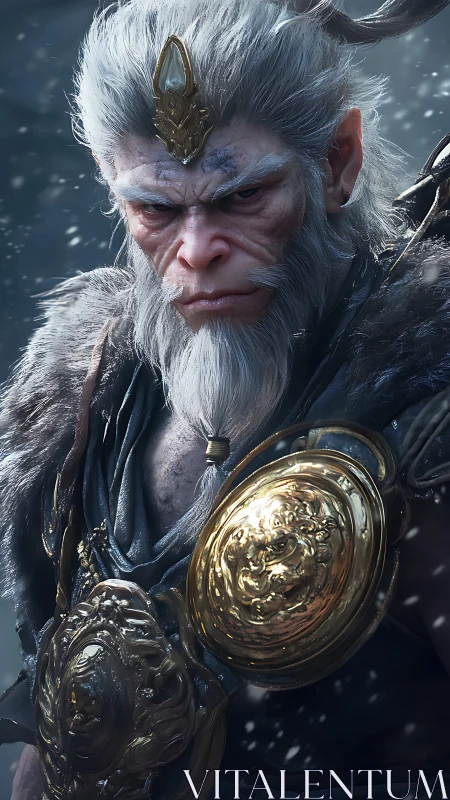 Armored simian warlord rendered in ultra-detailed 3D realism