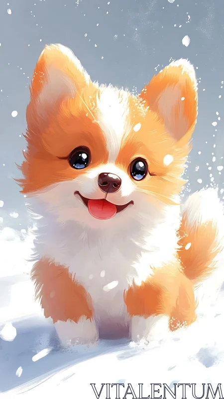 Digital painting portrait of playful corgi puppy in snowdrift.