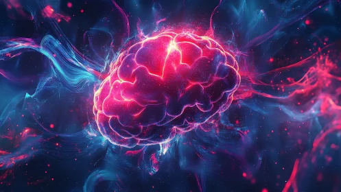 Neon neural brain rendered in luminous cybernetic energy field