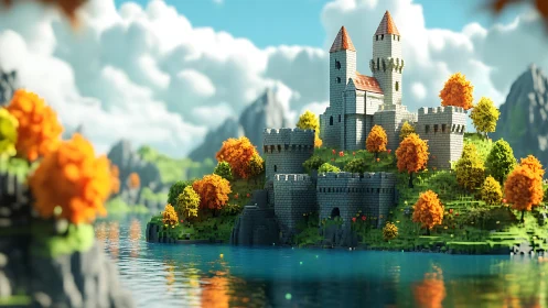 Medieval Castle in Autumn Fantasy Landscape.