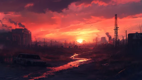 Post apocalyptic industrial city under intense red sunset.