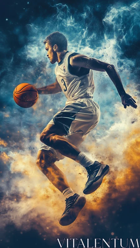 Dynamic basketball jump rendered with high-contrast particle effects
