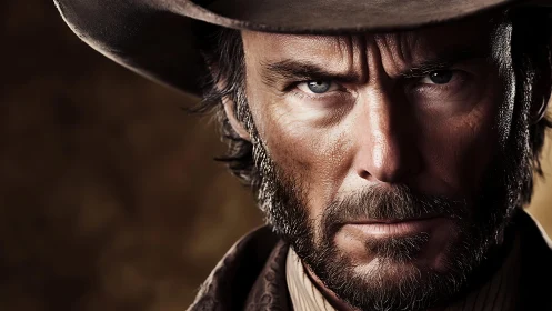 Weathered cowboy gaze holding countless dusty stories.