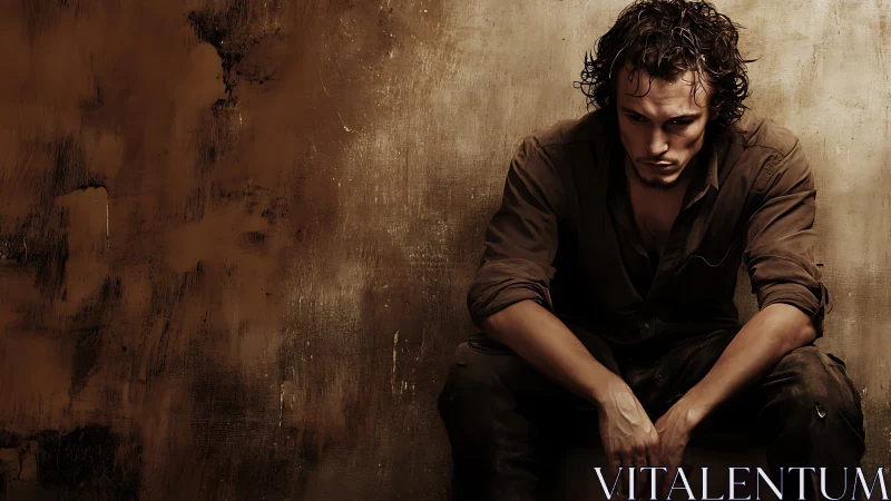 Brooding man sits in shadow against distressed brown wall.