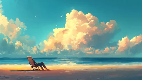 Solitary beach chair aligned with distant cumulonimbus clouds.