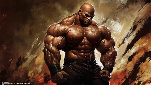 Massive muscular warrior stands tense against fiery storm.
