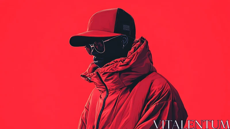 Crimson-coated silhouette glides through a neon hush