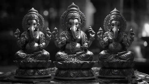 Triad of intricately cast Ganesha statues in symmetrical frontal alignment