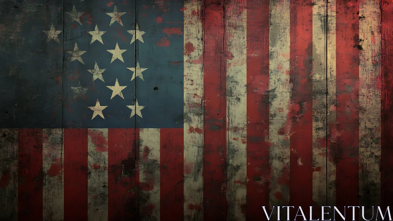 Weathered American flag on distressed wooden planks surface.