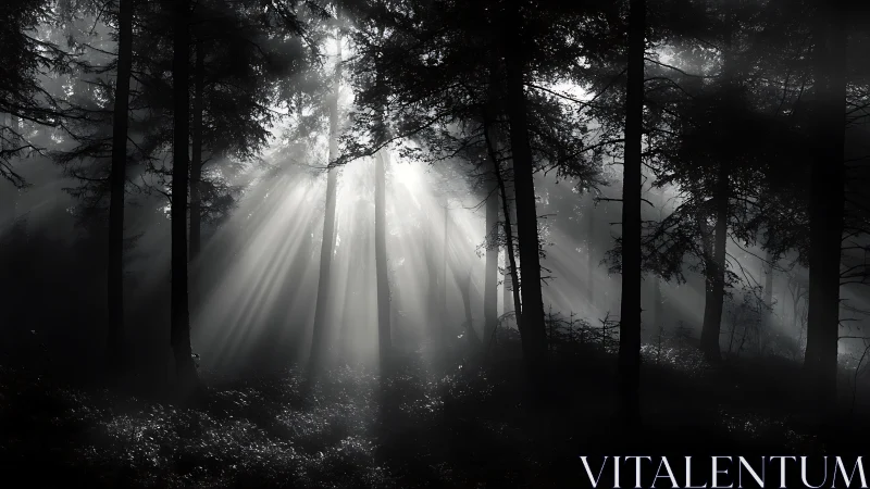 Volumetric sunbeams cutting through dense monochrome conifer forest