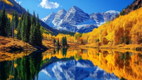 Golden autumn lake mirrors snowcapped mountains in calm light