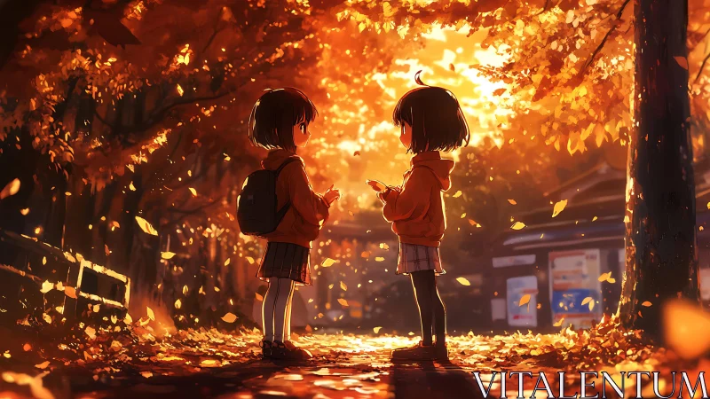 Two young friends share a quiet golden moment in autumn.