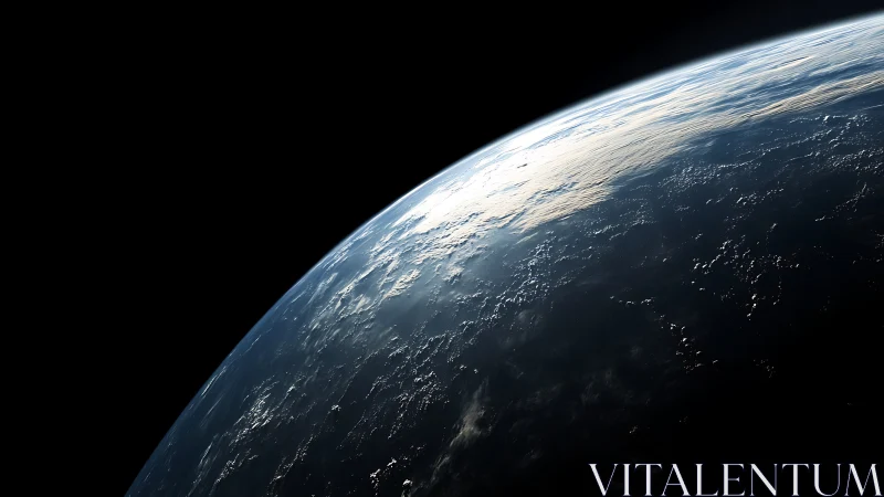 Earth horizon from space with sunlit clouds and ocean.