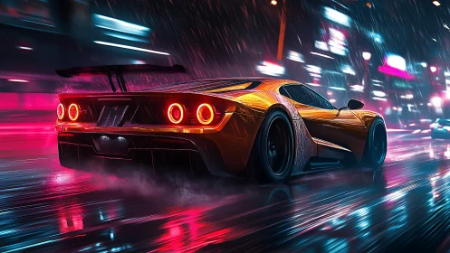 Neonstorm supercar slicing rain through cyber city streets.