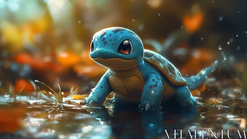 Baby turtle creature explores a glowing forest pond scene.