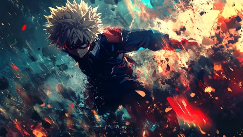 Explosive anime combat vector, chromatic blast dynamics.