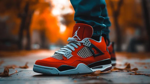 Photorealistic sneaker close-up on autumn street scene.