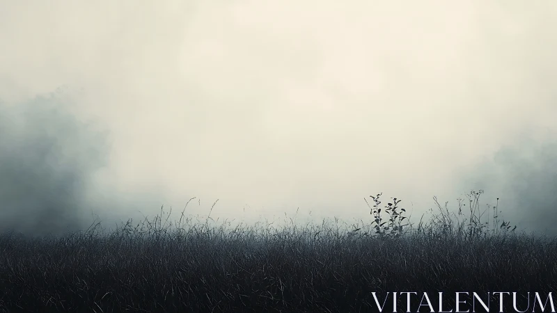 Minimalist foggy meadow with silhouetted winter grasses.