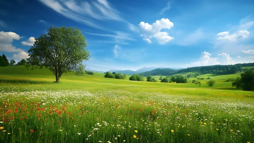 Lone tree anchors wildflower meadow under vivid sky.