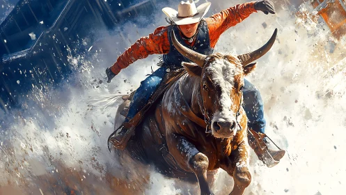 Cowboy riding bull through dust and debris burst.