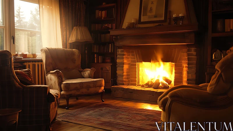 Interior room with active fireplace and traditional seating