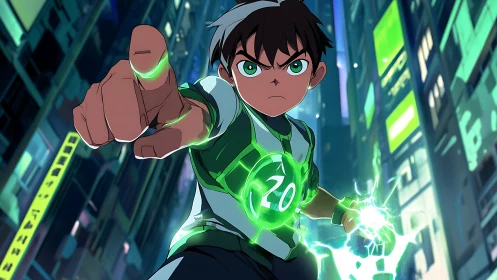 Neon-energized teen hero with projected fist perspective.