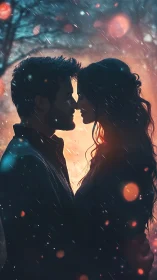 Silhouetted Lovers Embrace Under Rainfall and Starlight.