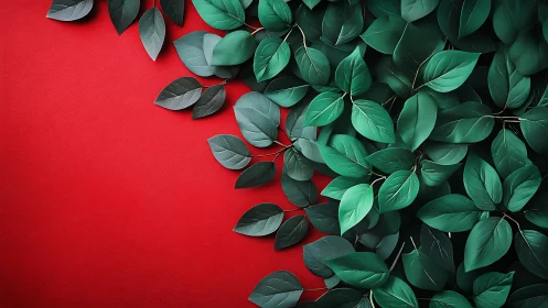 Emerald foliage arranged over bold textured red backdrop.