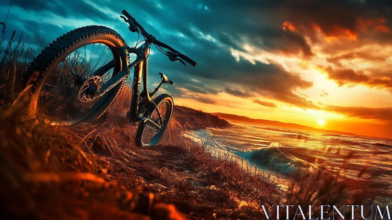 Mountain bicycle positioned on coastal hillside at sunset.