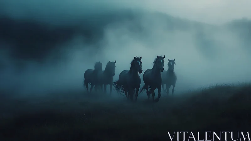 Wild horses emerge through dense blue twilight fog