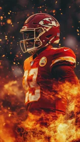 Football quarterback stands in blazing cinematic firestorm.