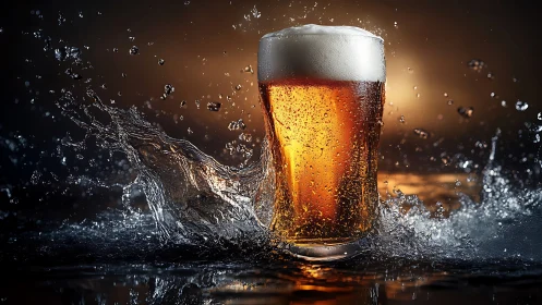 Chilled beer glass rises through splashing water and foam