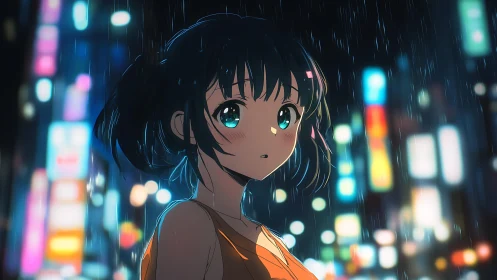 Neon-lit anime portrait in nocturnal rain with bokeh depth.