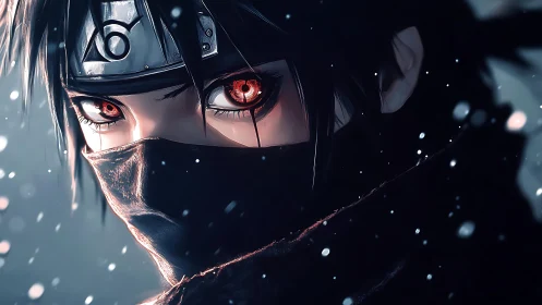 Masked anime character with glowing red eyes is depicted
