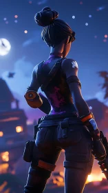 Fortnite style female fighter stands over burning village.