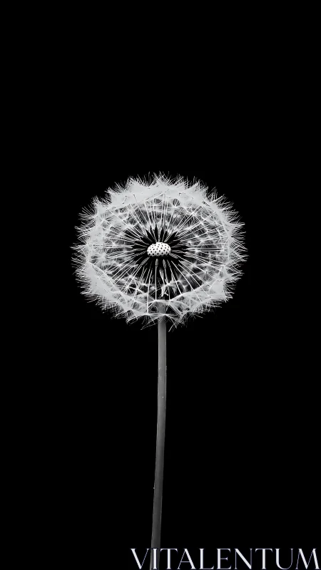 Single dandelion seed head in stark black background focus.