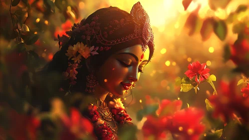 Divine feminine portrait glows in backlit floral bokeh garden