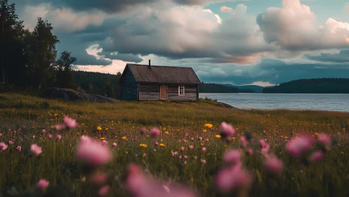 Lakeside wooden cabin amid wildflower meadow at dusk.