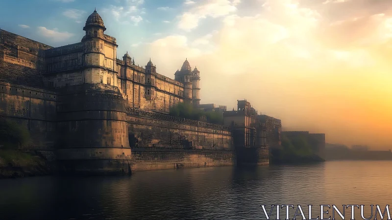 Sunlit riverside fortress rendered in atmospheric digital realism