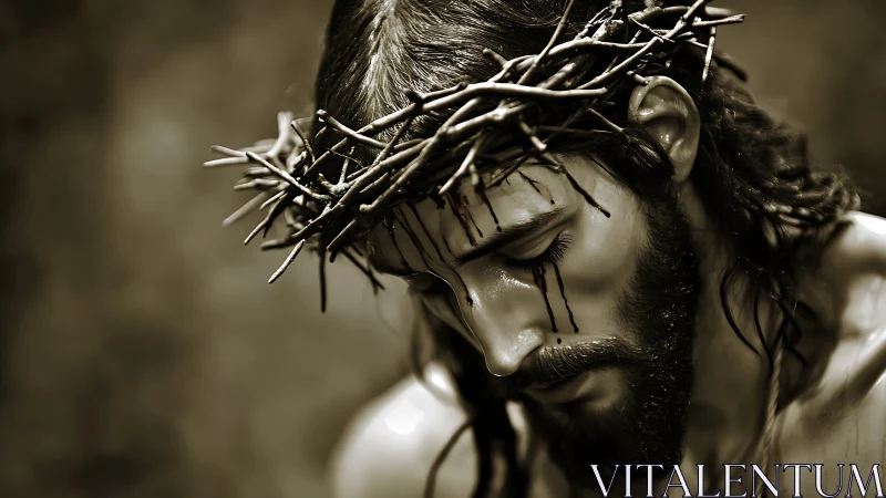 Crowned male figure with thorns in monochrome profile view.