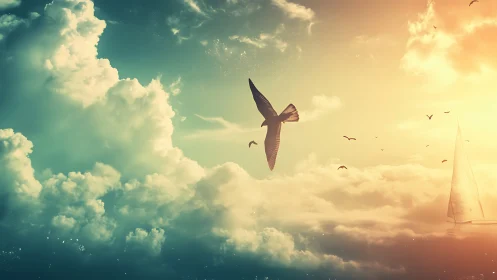 Soaring bird glides across dreamy pastel sunset sky.
