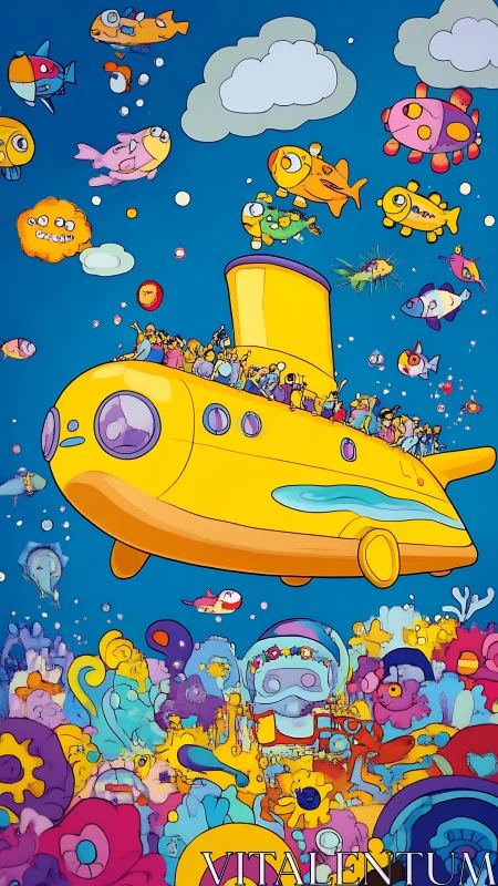 Playful yellow submarine sailing through a cartoon sea of joy.