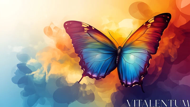 Vibrant digital butterfly over glowing abstract clouds.