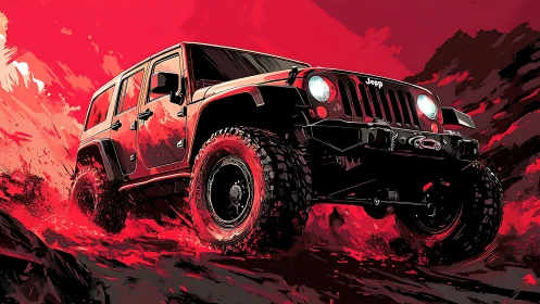 Off road Jeep illustration cutting through red terrain.