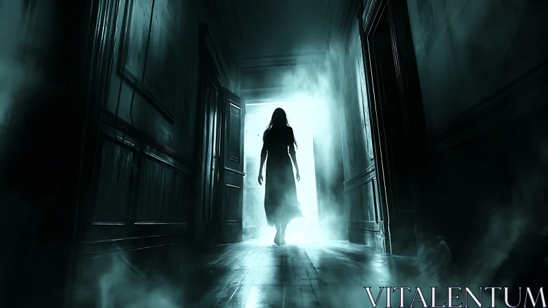 Mysterious silhouette walking toward a glowing open doorway.