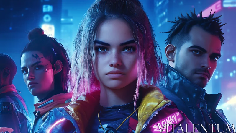 Neon-lit cyberpunk crew under electric city glow.