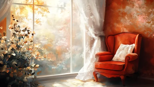 Sunlit red armchair by lace-draped window in painterly interior