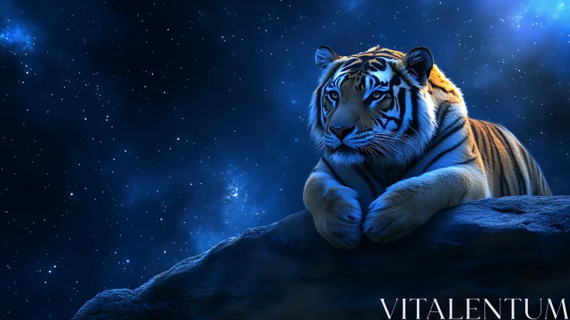 Cosmic tiger portrait in luminous blue digital painting style.