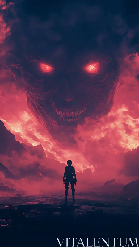 Lone wanderer facing a colossal ember eyed storm spirit.