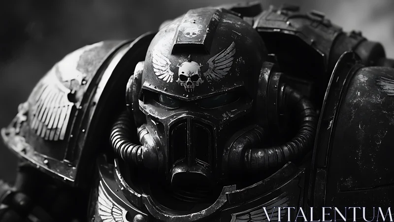 Armored sci fi warrior in black power armor close up.